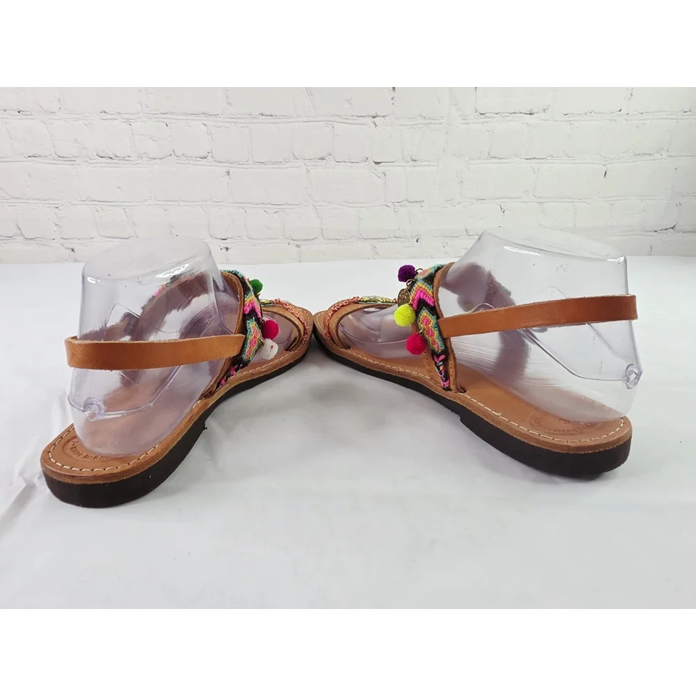 Handmade In Greece Leather Evil Eye Boho Sandals Strappy Carmel Size 9